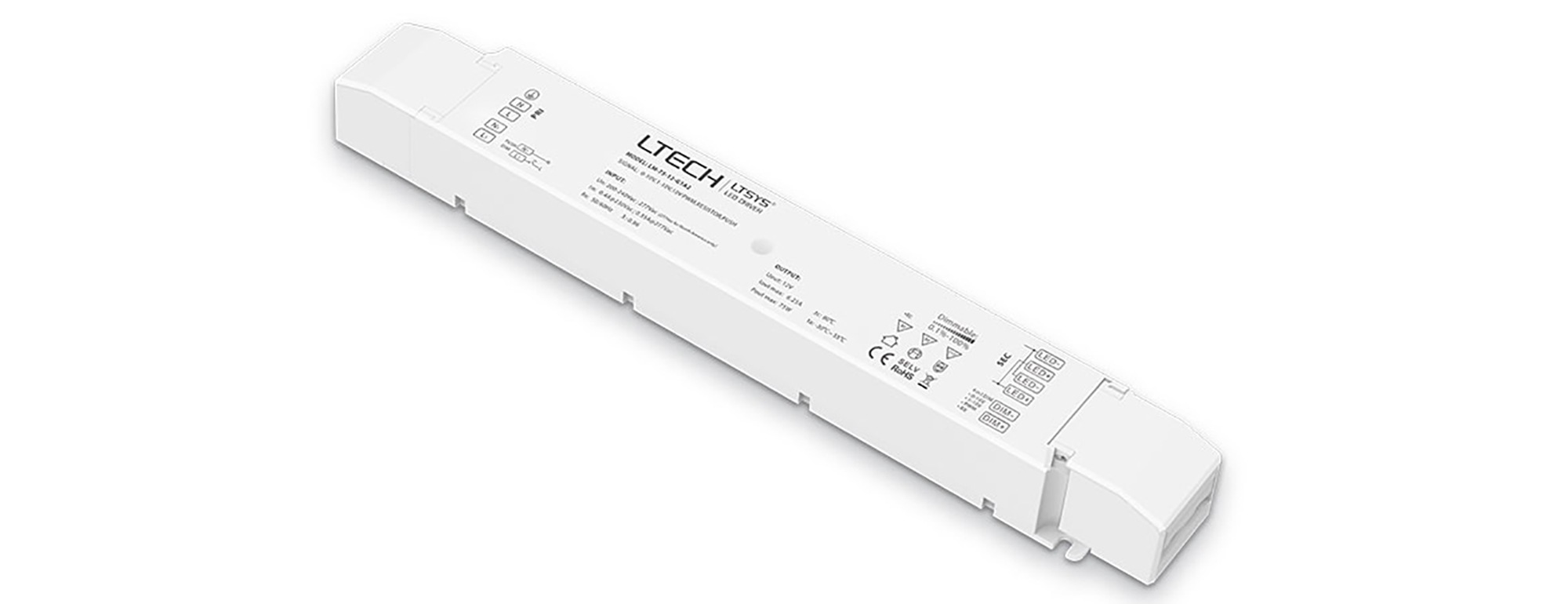LM-75-12-G1A2  0-10V/1-10V/10V PWM/RX/Push DIM, 0-100% Dim, CV 75W, 12Vdc 6.25A, 200-240Vac, IP20, 5yrs Warranty.